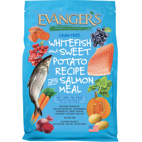 Evanger's Grain-Free Dog Food featuring whitefish, sweet potato, and salmon, with colorful ingredients on a blue bag.