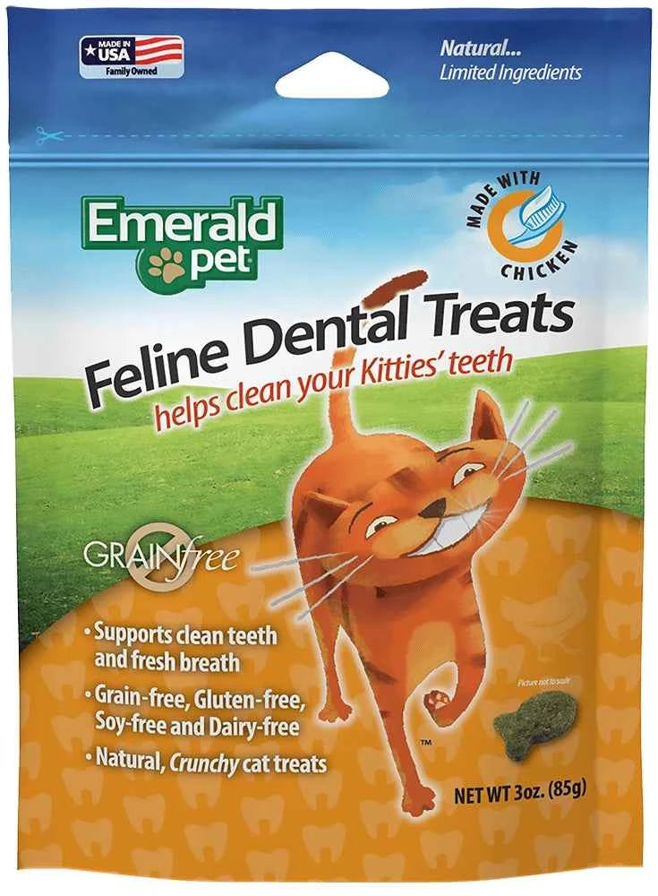 A 3-ounce bag of Emerald Pet Feline Dental Grain-Free Cat Treats with chicken.