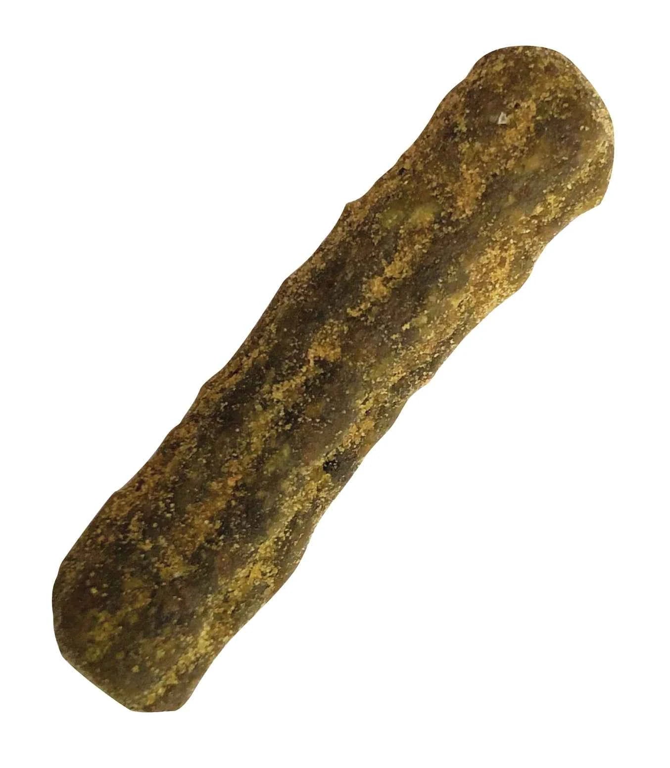 A single, ridged, brown and green grain-free dental cat treat with a crunchy, textured surface.