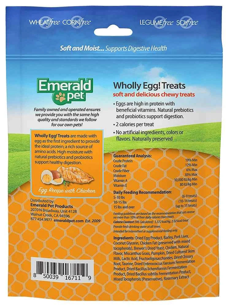 Back of a blue and orange bag of Emerald Pet Wholly Egg cat treats with chicken.