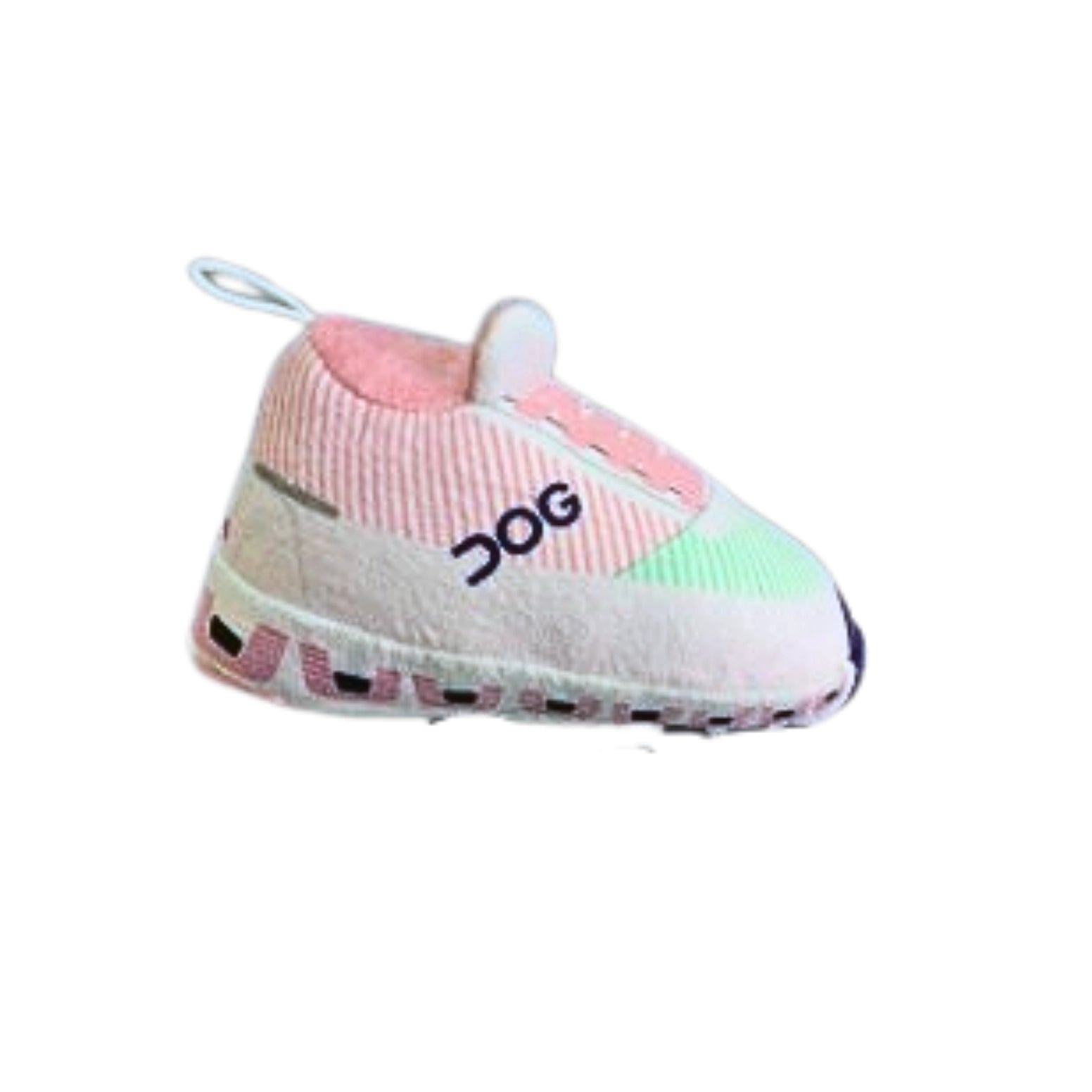 Pink and green plush sneaker-shaped dog toy with 'DOG' text on side, pet accessory