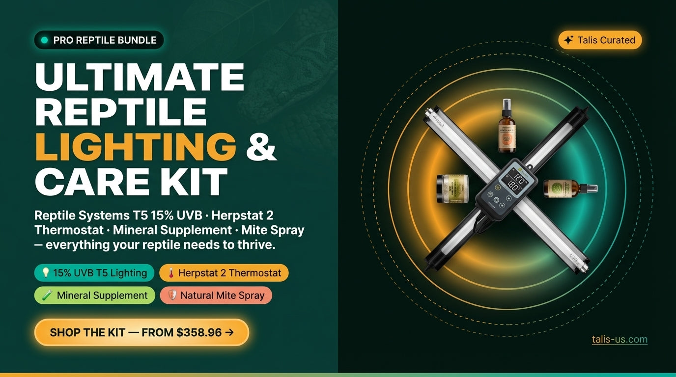 Display of reptile care kit components including UVB light, thermostat, mineral supplement, and natural spray on dark background