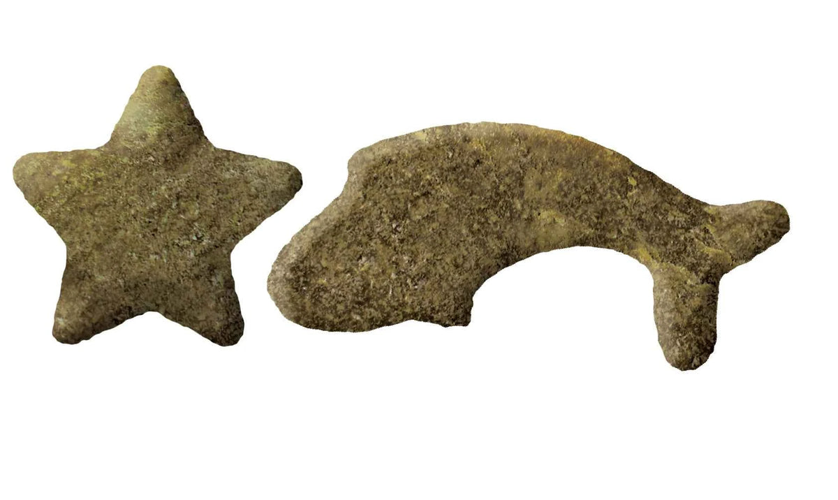 Two crunchy, star and fish-shaped cat treats with a textured, brown surface.