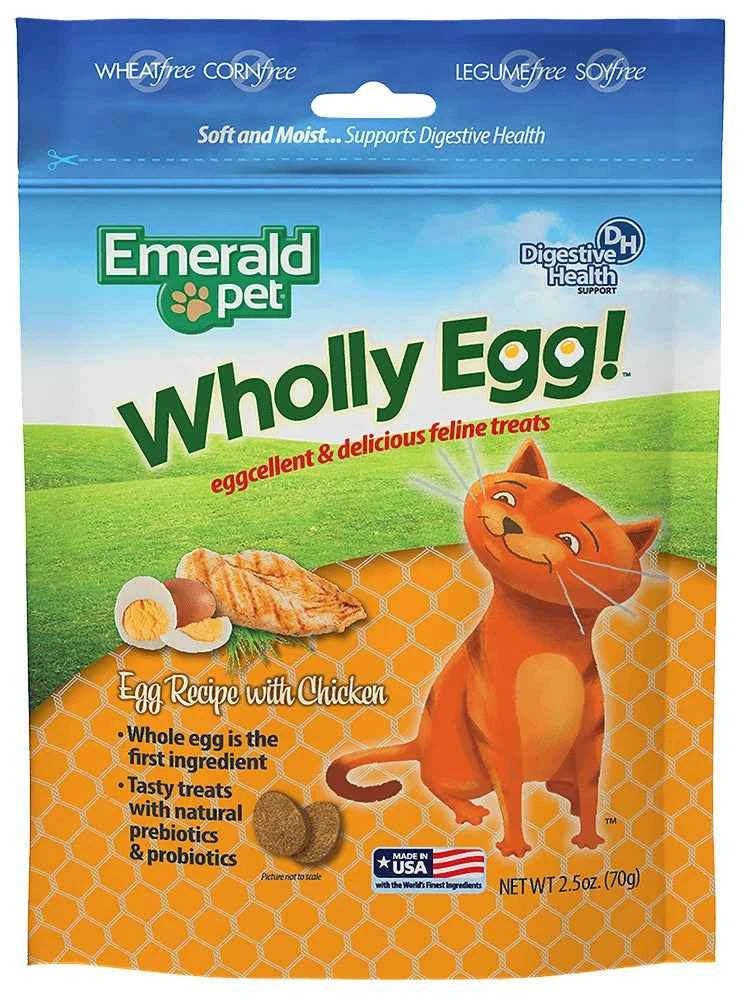 Emerald Pet Wholly Egg cat treats in a 2.5-ounce bag featuring an orange cat and chicken recipe.