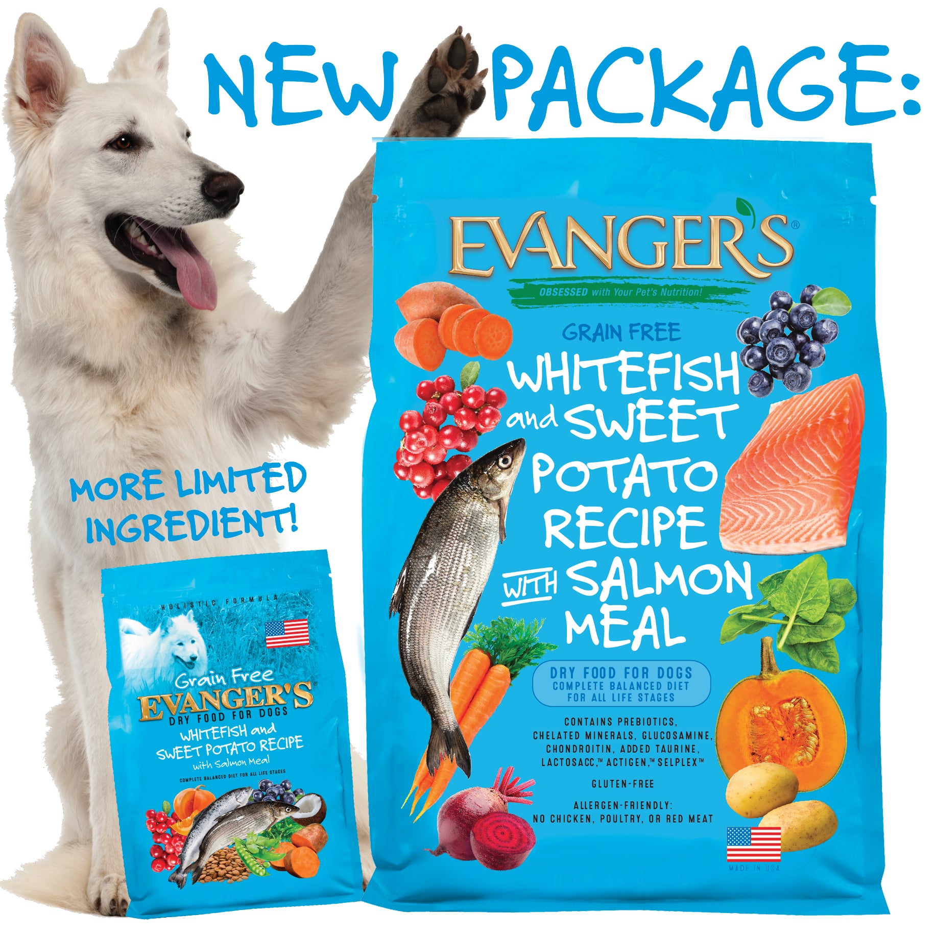 Evanger's Grain-Free Dog Food with Whitefish & Sweet Potato & Salmon features a vibrant blue bag, showcasing fish and sweet p