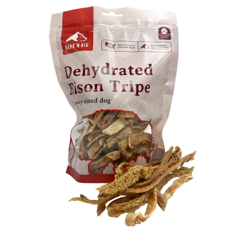 BarknBig Bison Tripe Treats for Dogs 14oz in a resealable bag with dehydrated bison tripe pieces displayed in front.