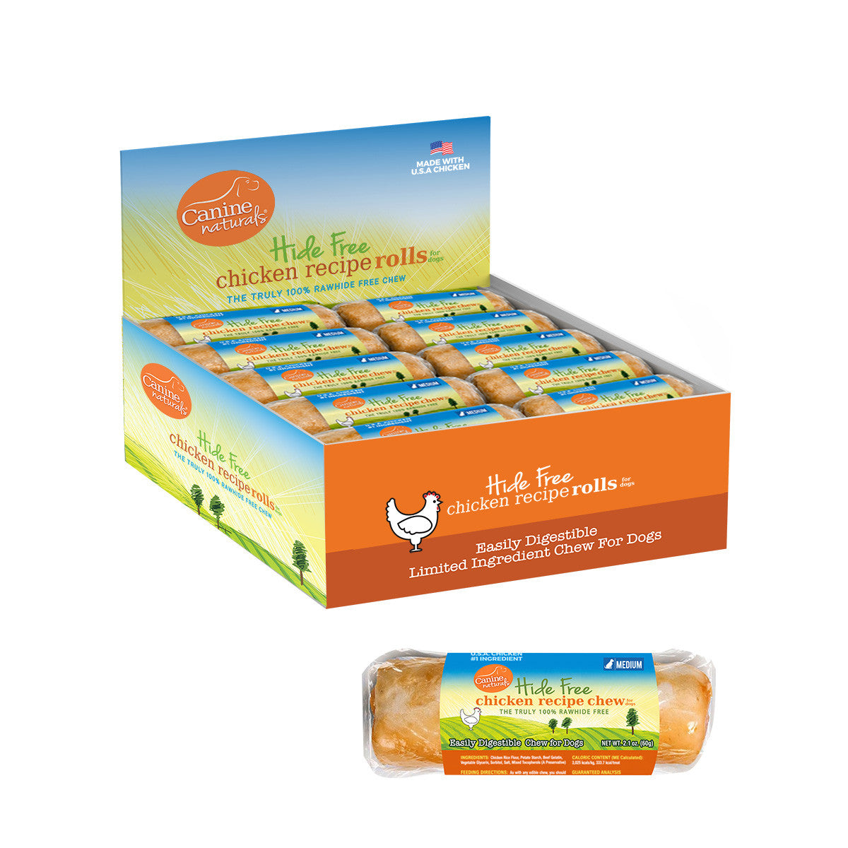 Canine Naturals Hide Free chicken recipe rolls in a display box and a single wrapped medium chew.