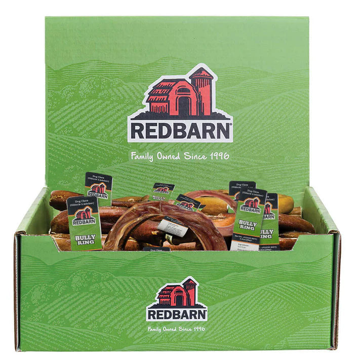 Redbarn bully rings dog chew displayed in a green box for healthy dog treats