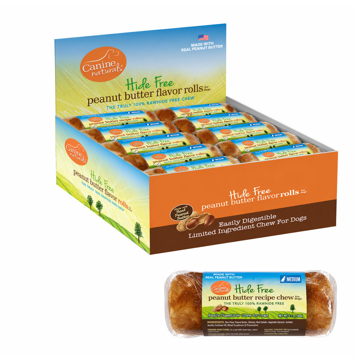 Canine Naturals Hide Free peanut butter flavor rolls in a display box and individual packaging.