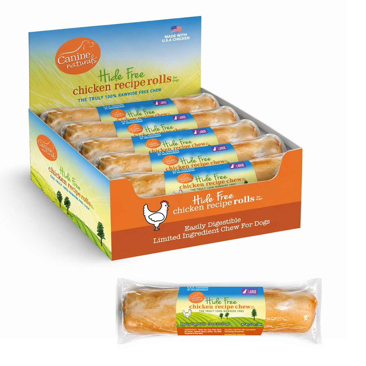 Canine Naturals Hide Free chicken recipe rolls in a display box and individually wrapped.