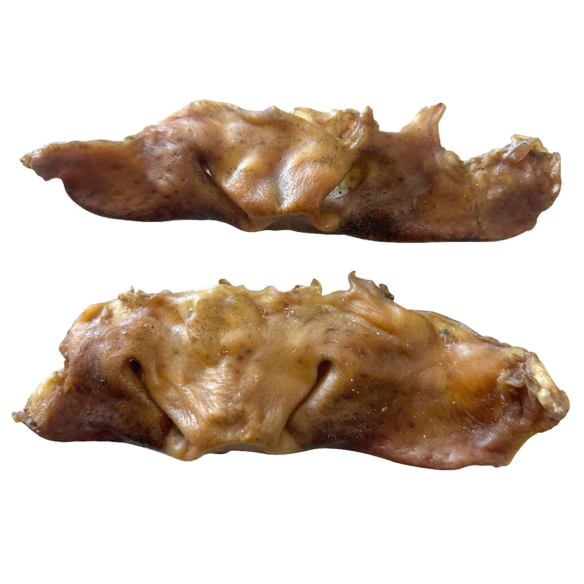 Two natural, dried water buffalo snout dog treats shown from different angles on a white background.