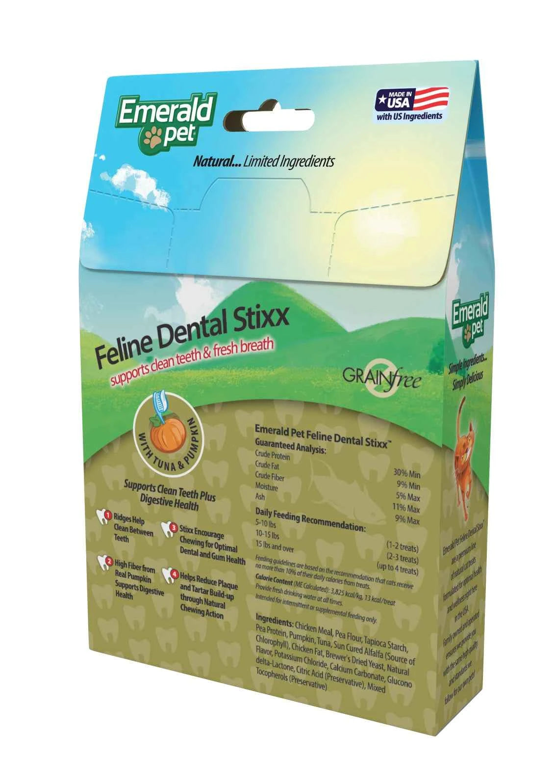 Emerald Pet Feline Dental Stixx grain-free cat treats in a 3.6-ounce box with tuna and pumpkin.