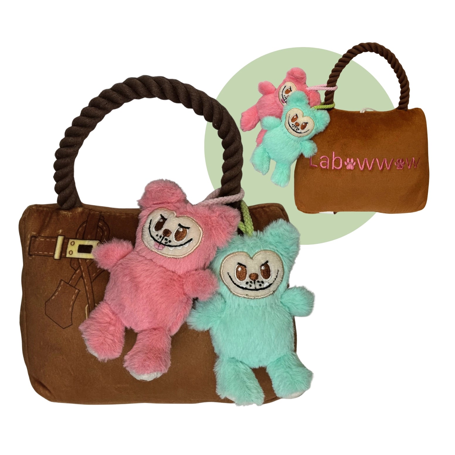 Brown plush dog toy purse with rope handle and attached pink and blue bear squeaky toys.