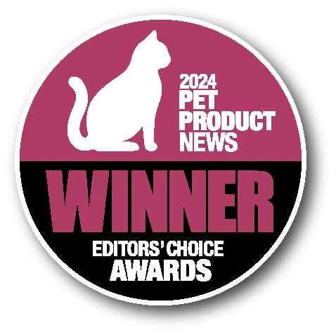 A circular 2024 Pet Product News Editors' Choice Awards winner seal featuring a white cat silhouette.