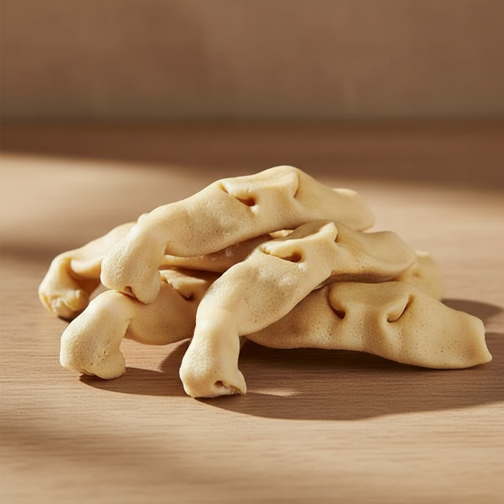 Natural dried beef snout chews stacked on wooden surface for dogs to enjoy healthy chewing treat
