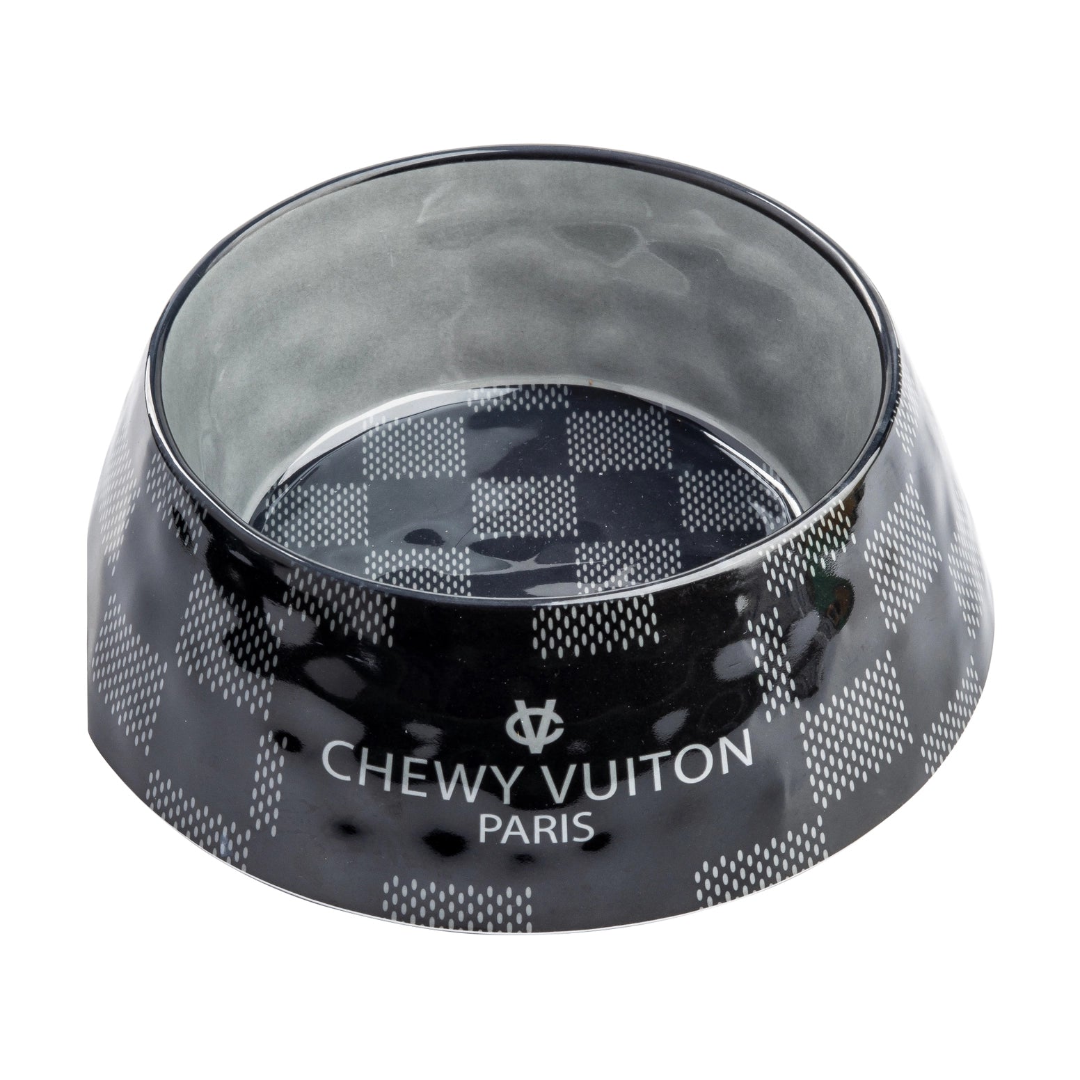 A black and white checkered melamine dog bowl with the words Chewy Vuiton Paris on the front.