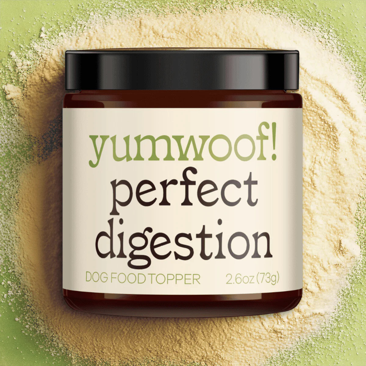 Yumwoof Perfect Digestion dog food topper in a 2.6 oz amber jar with black lid, pictured on powdered ingredients.