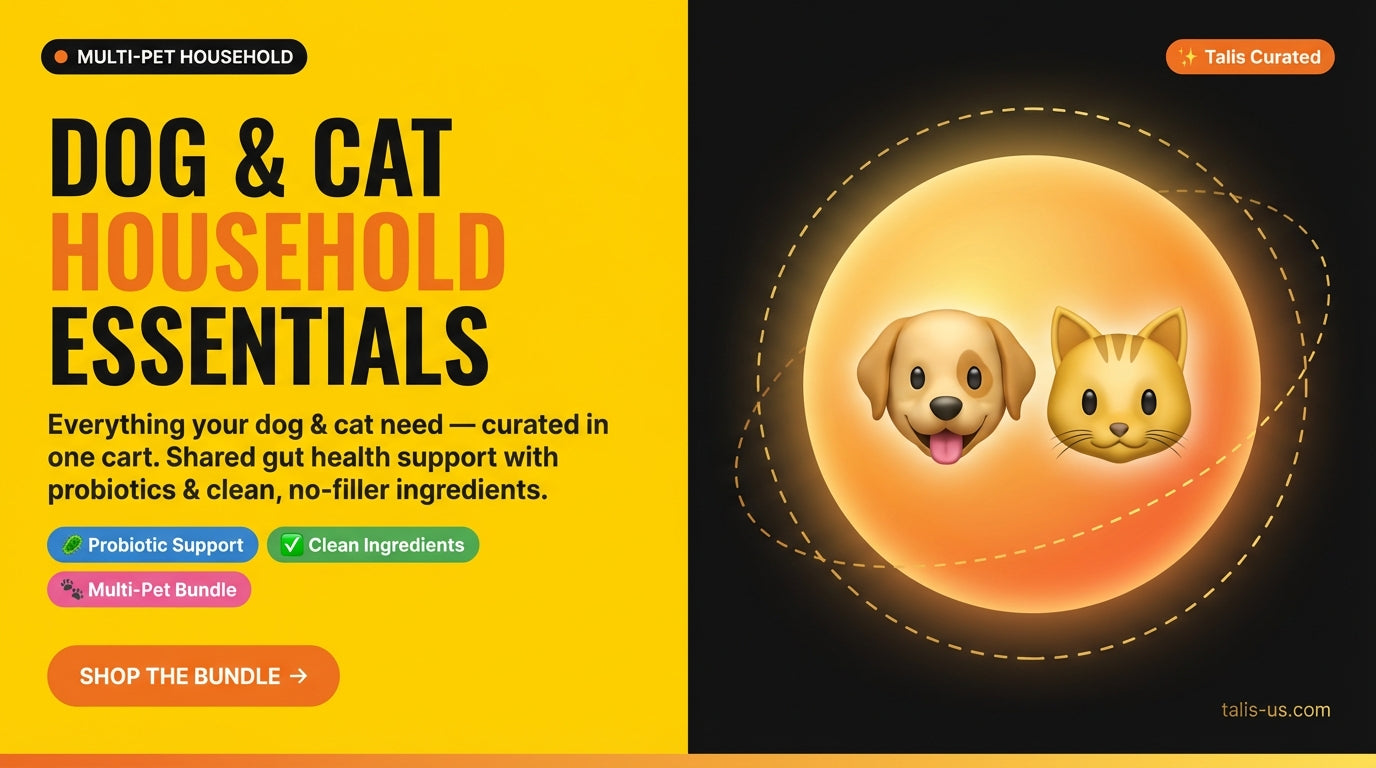 Illustration of smiling dog and cat emojis inside glowing circle with text promoting pet health essentials bundle