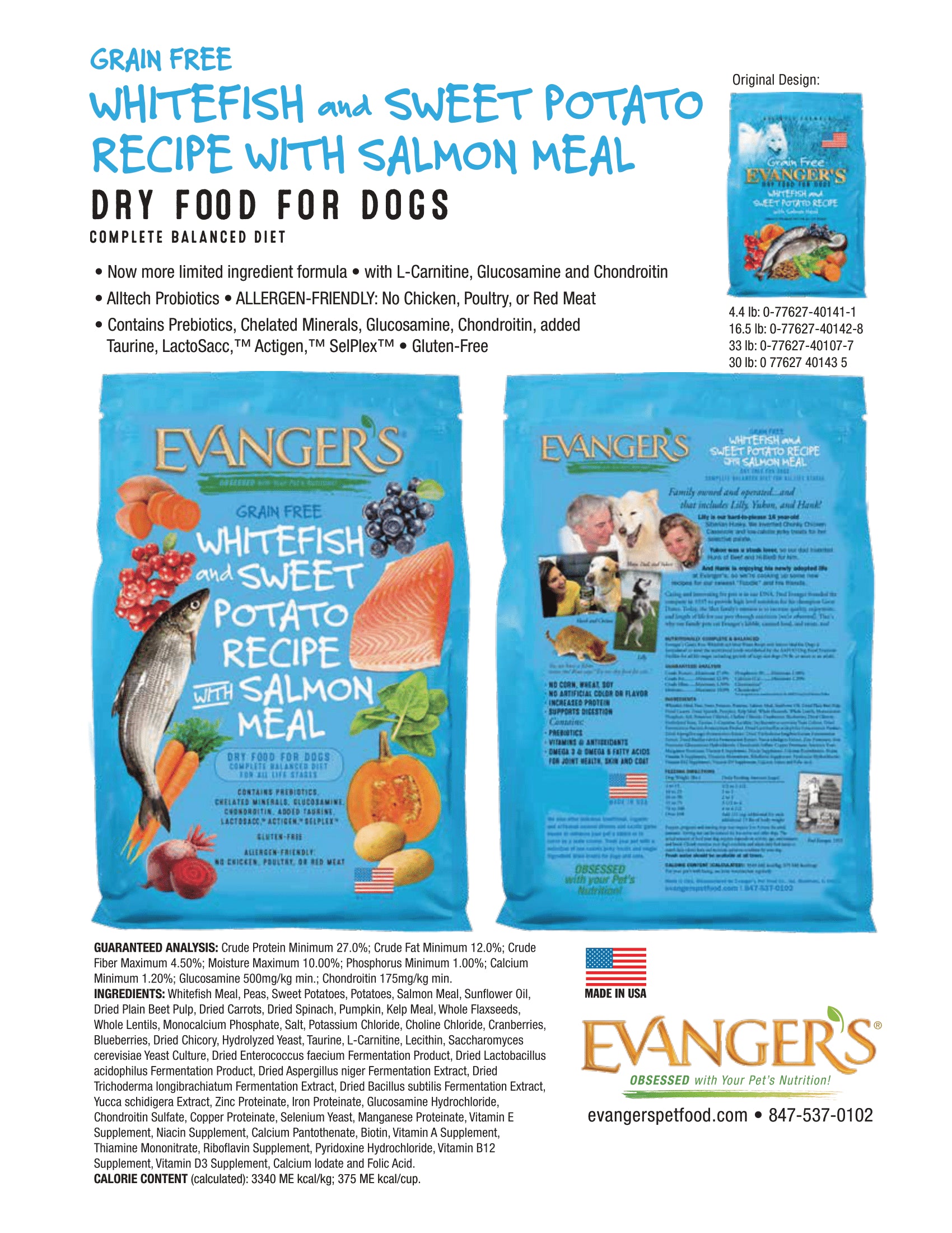 Evanger's Grain-Free Dog Food with Whitefish & Sweet Potato & Salmon features a colorful bag design, showcasing ingredients l