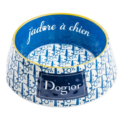 A blue and white melamine dog bowl featuring a designer-inspired monogram and Dogior logo.