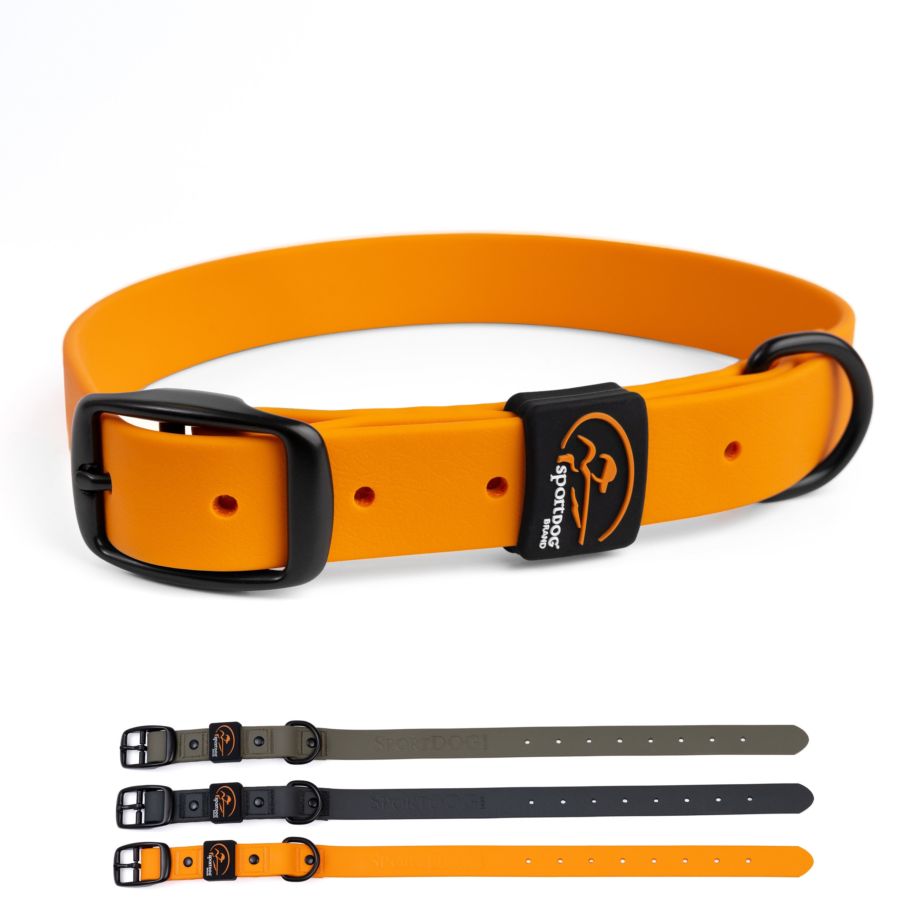SportDOG utility dog collar in orange, black, and olive green with heavy-duty hardware.