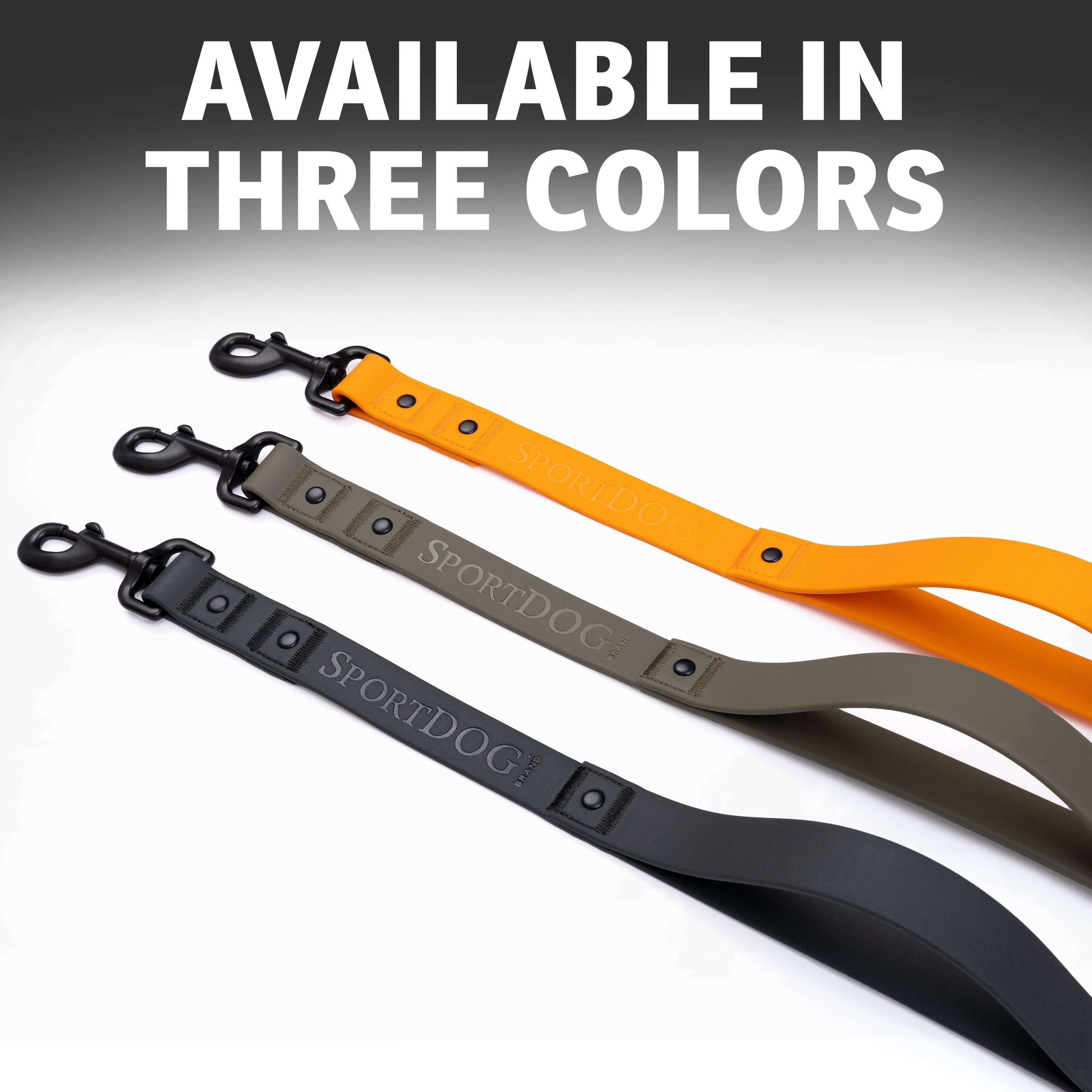 Three SportDOG Utility 6-Foot Leads in orange, olive green, and black with black metal clips.