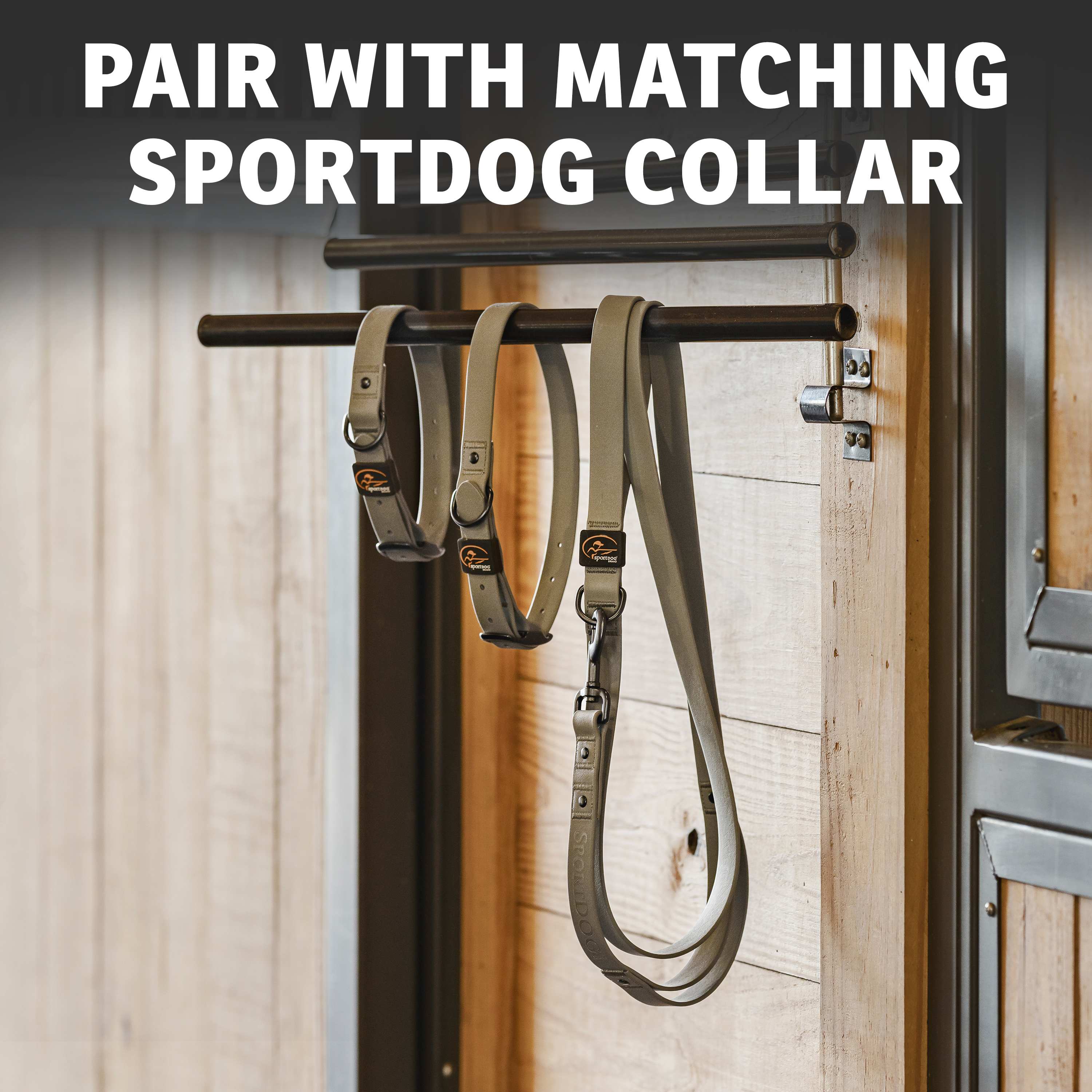SportDOG 6-foot utility lead and matching collars hanging on a rack in a barn setting.