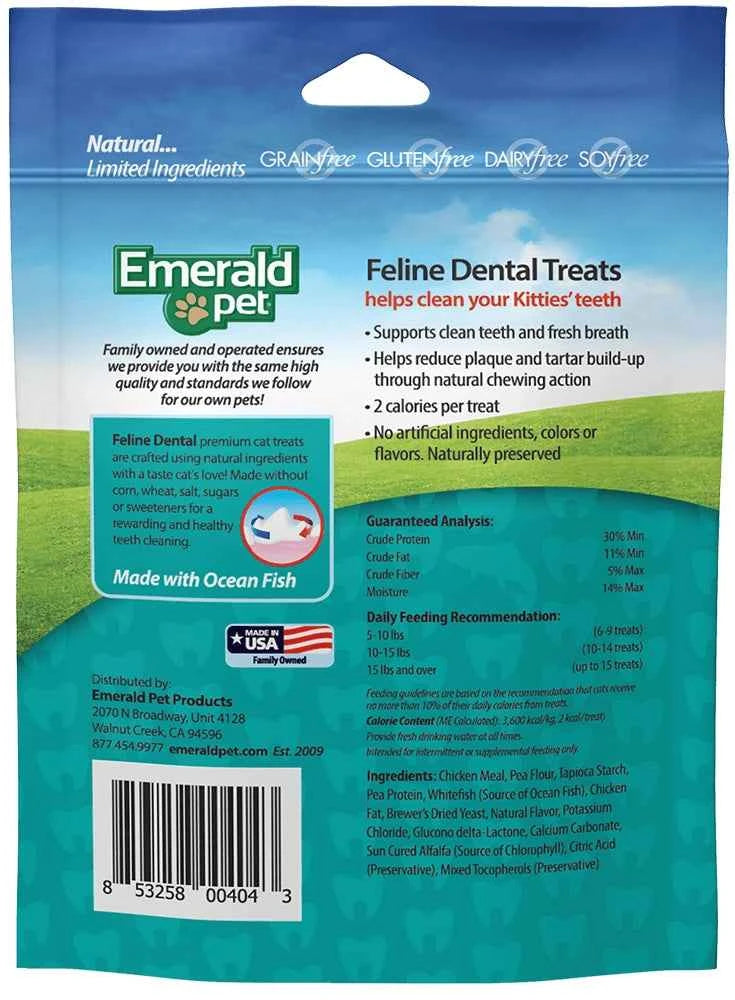 Back of a 3 oz bag of Emerald Pet Feline Dental Grain-Free Cat Treats with nutritional information.