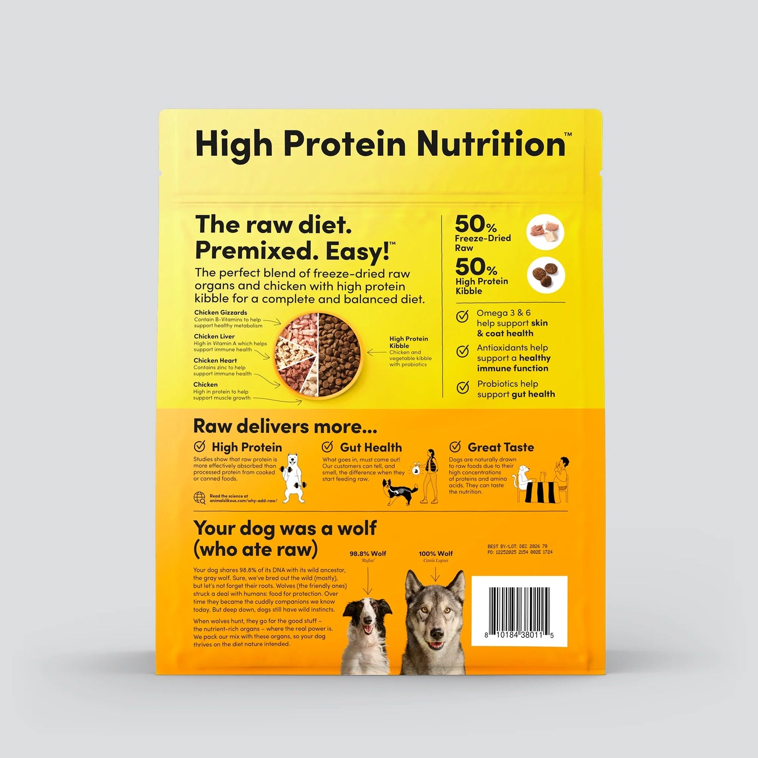 Yellow and orange bag of freeze-dried raw chicken and protein kibble for balanced dog nutrition with health benefits text