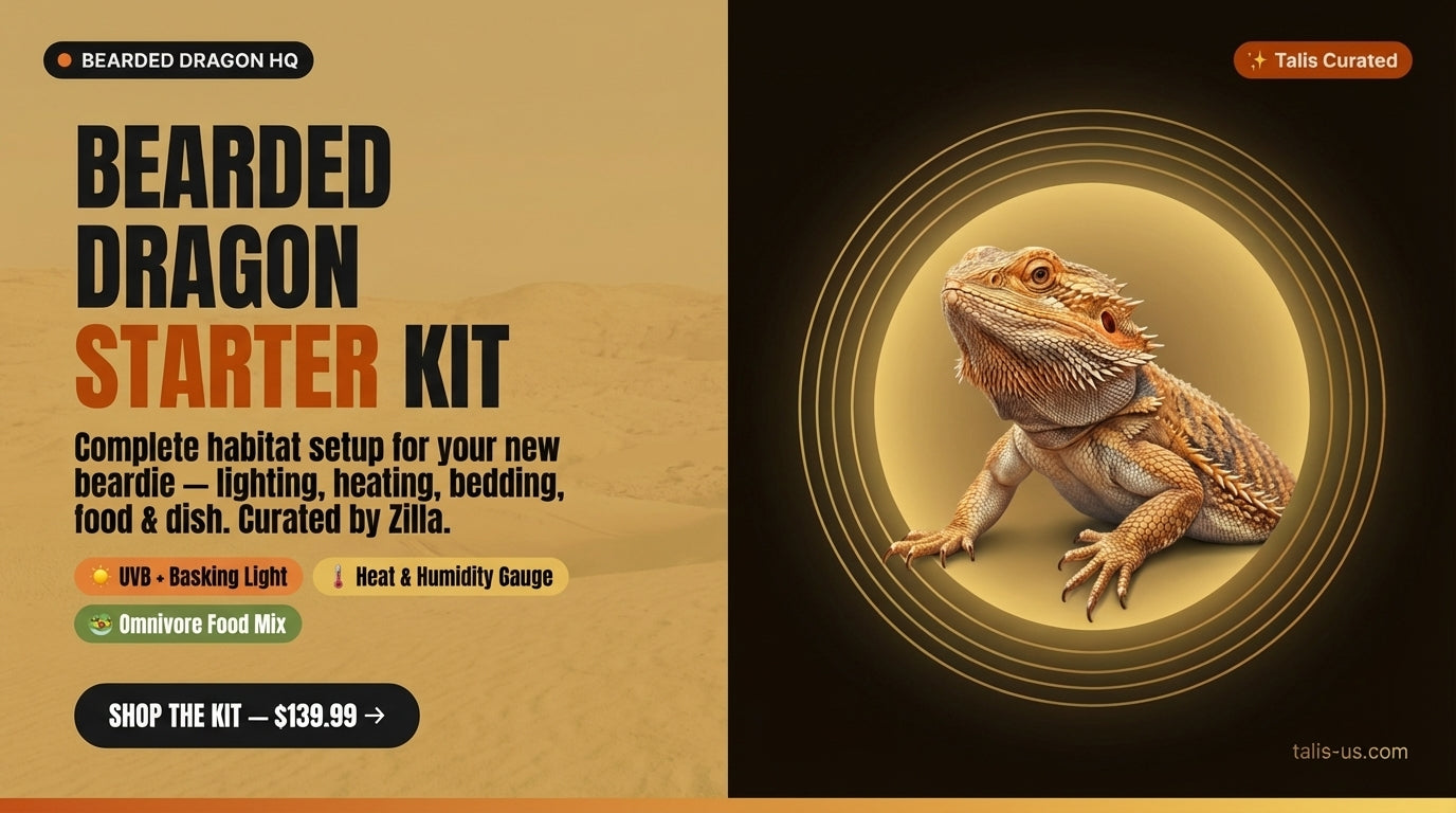 Bearded dragon perched inside circular gold frame with text promoting complete habitat starter kit features