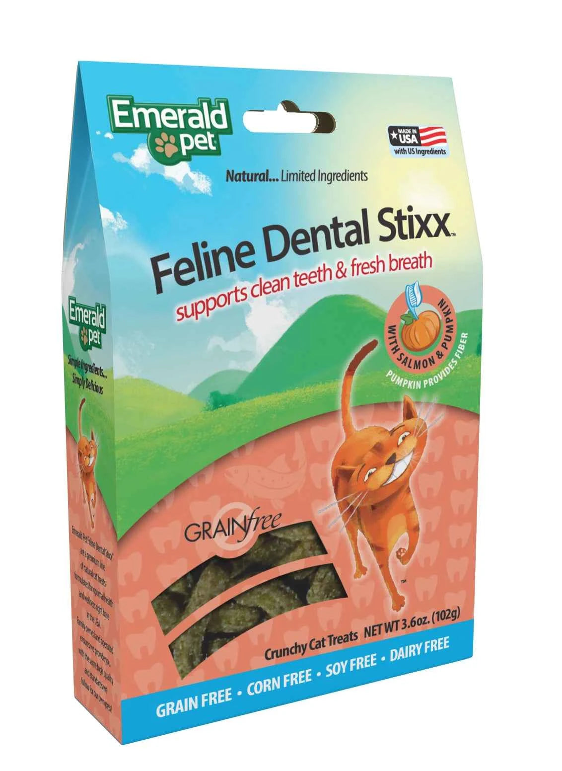 Emerald Pet Feline Dental Stixx grain-free salmon and pumpkin cat treats in a 3.6-ounce box.