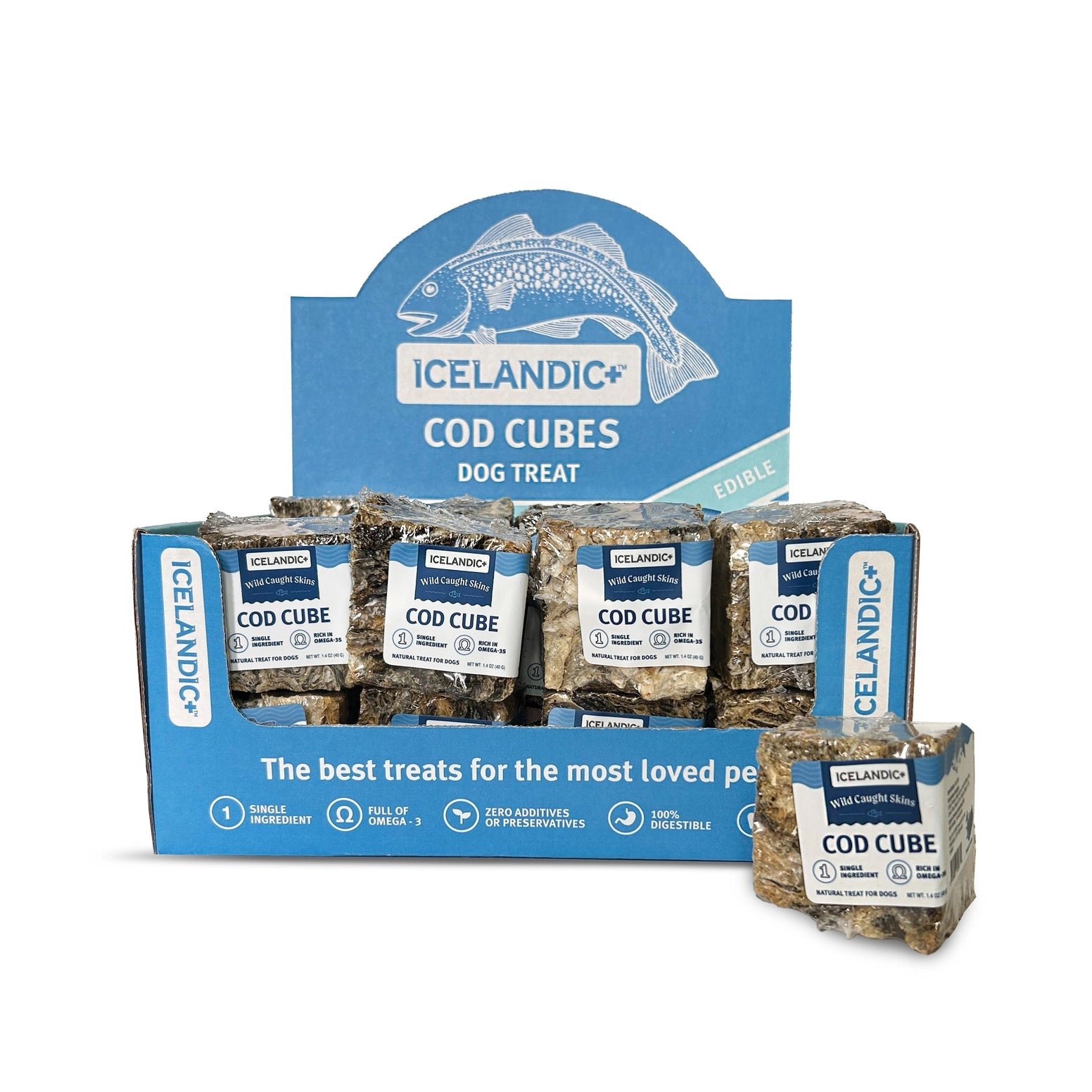 Icelandic+ Cod Cubes dog treats in a blue display box with a single cube shown in front.