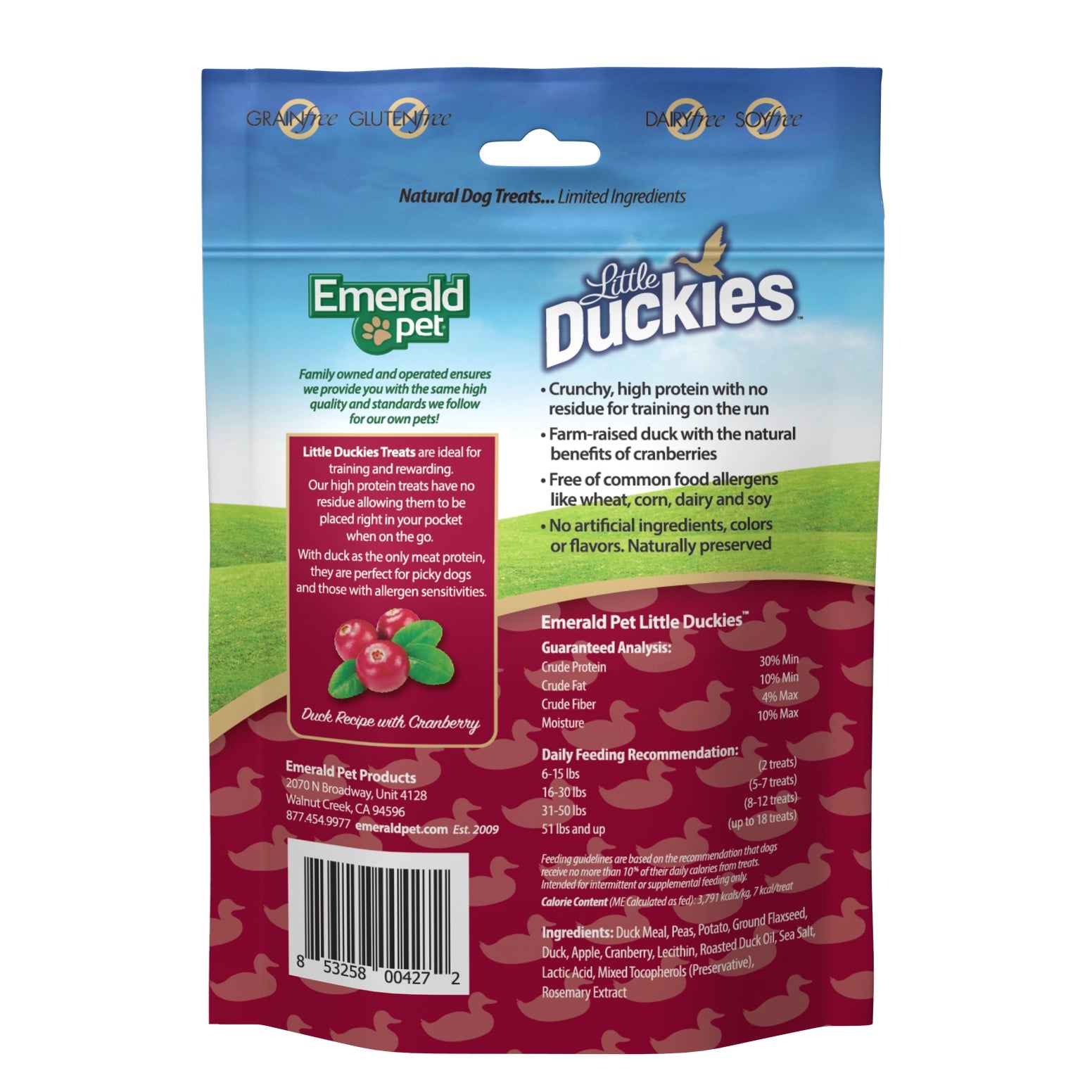 Emerald Pet Grain-Free Little Duckies dog treats, 5 oz bag, featuring duck and cranberry, with a colorful design and ingredie