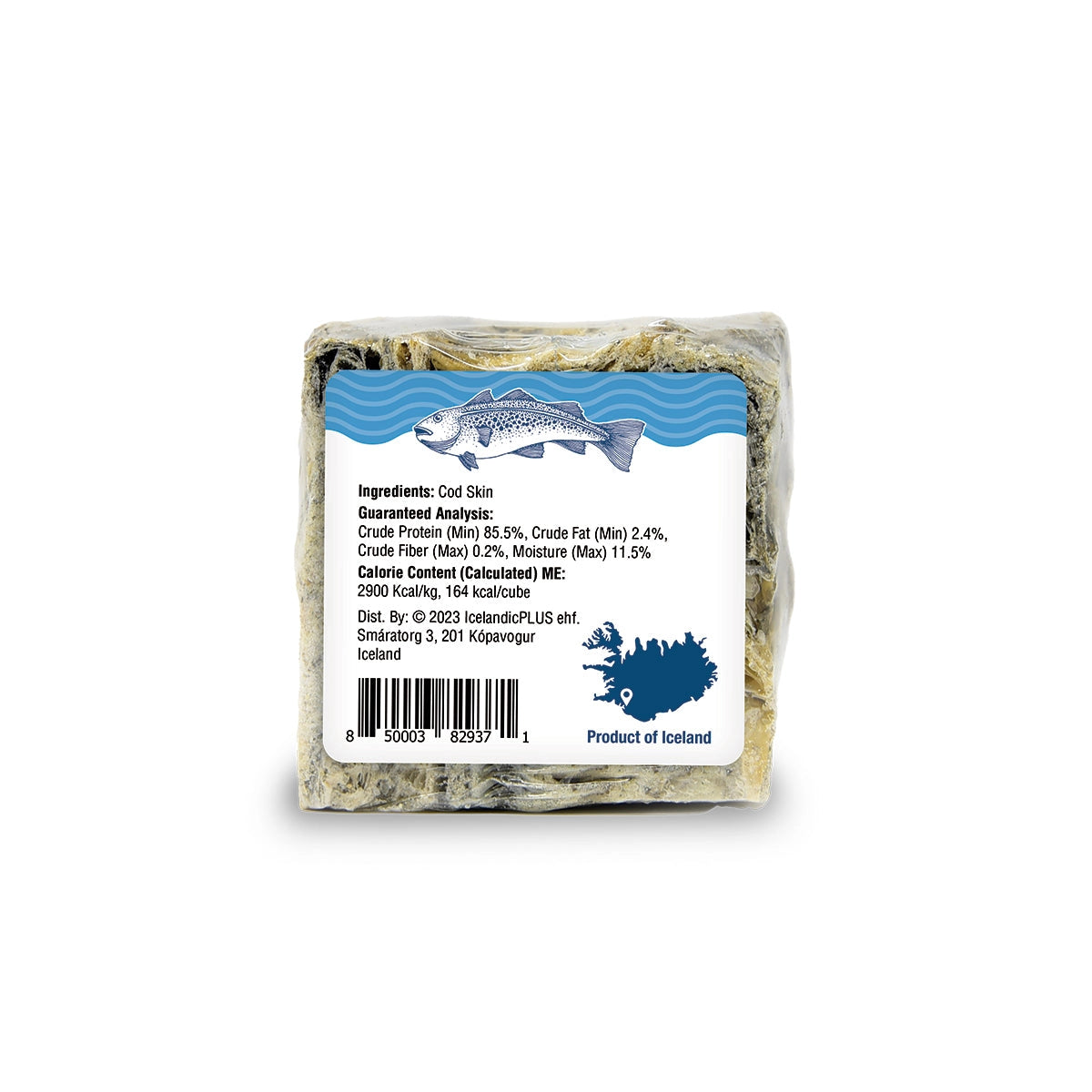 Icelandic Cod Skin Cubes for dogs in a clear package with a blue and white label.
