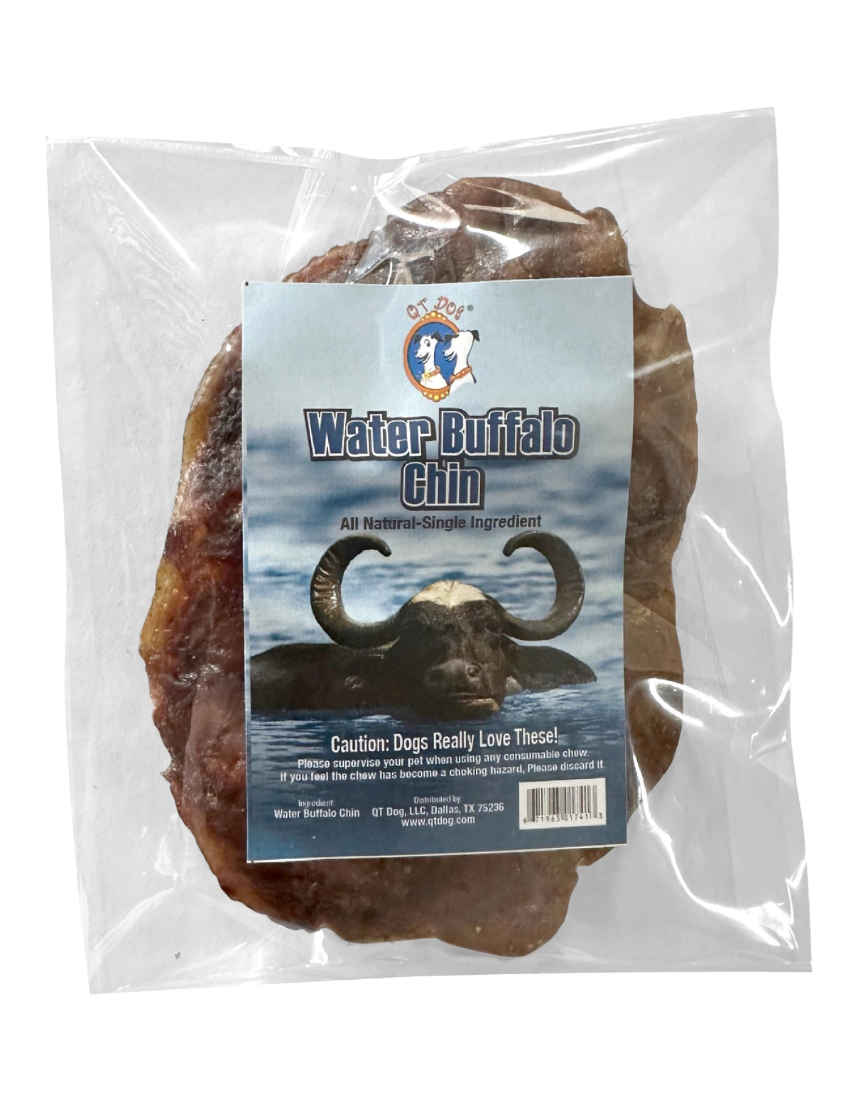 A single QT Dog Water Buffalo Chin chew treat in clear plastic packaging with a blue label.