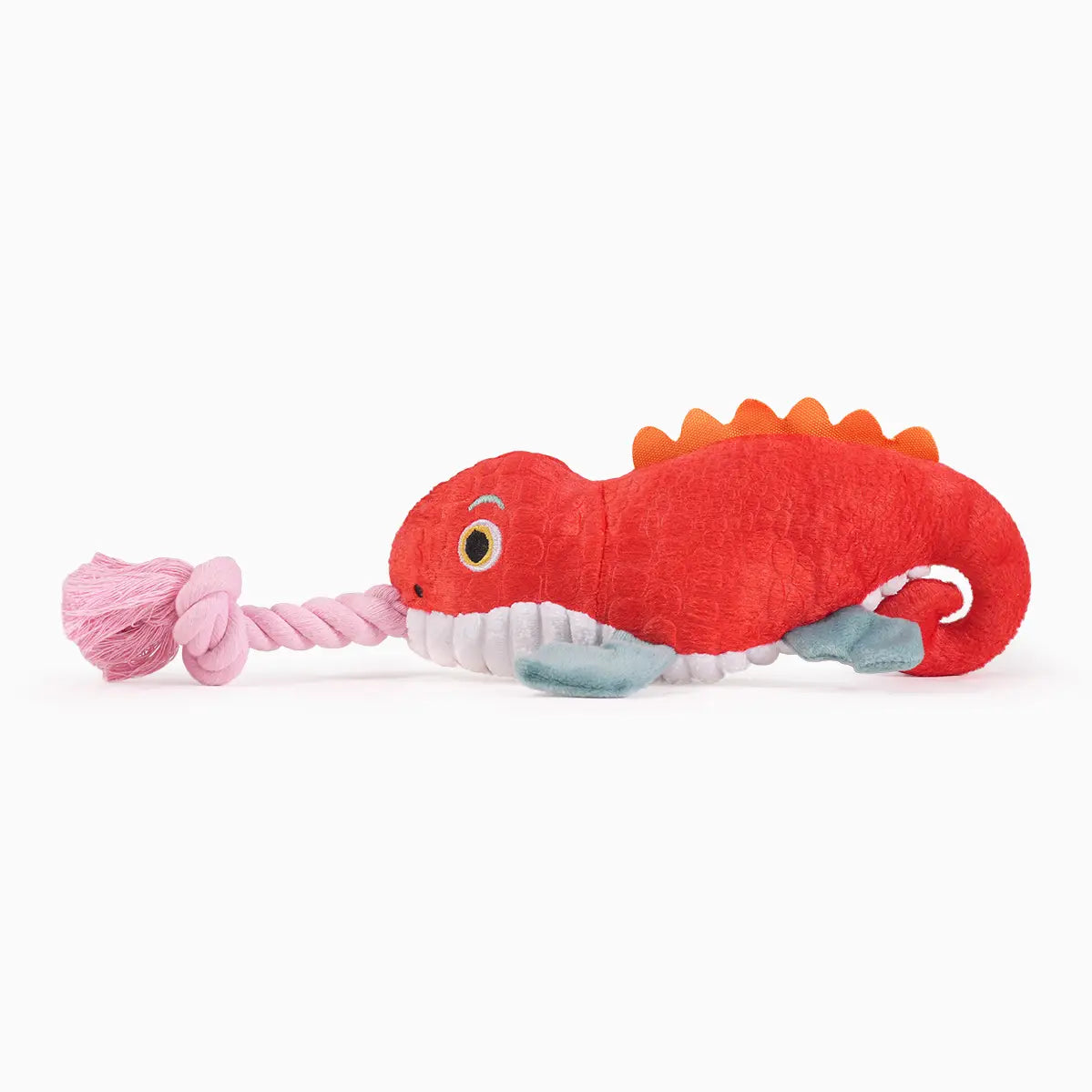 Hugsmart Pet Jungle Tails red chameleon plush dog toy with a pink rope tongue and orange spikes.