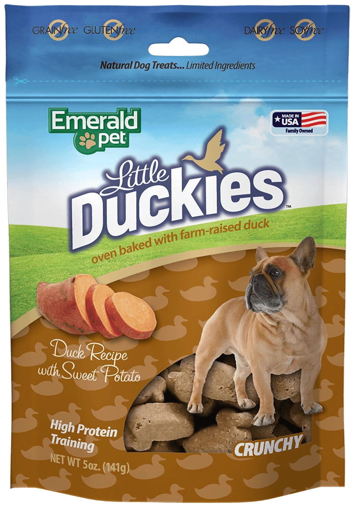 Emerald Pet Grain-Free Little Duckies dog treats, 5 oz bag, featuring crunchy duck and sweet potato treats with a dog on the 