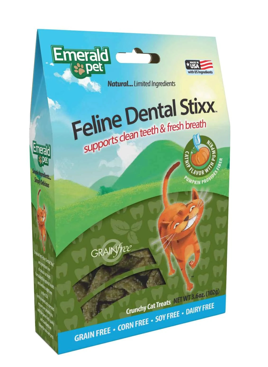Emerald Pet Feline Dental Stixx cat treats in a 3.6 oz box with catnip and pumpkin flavor.