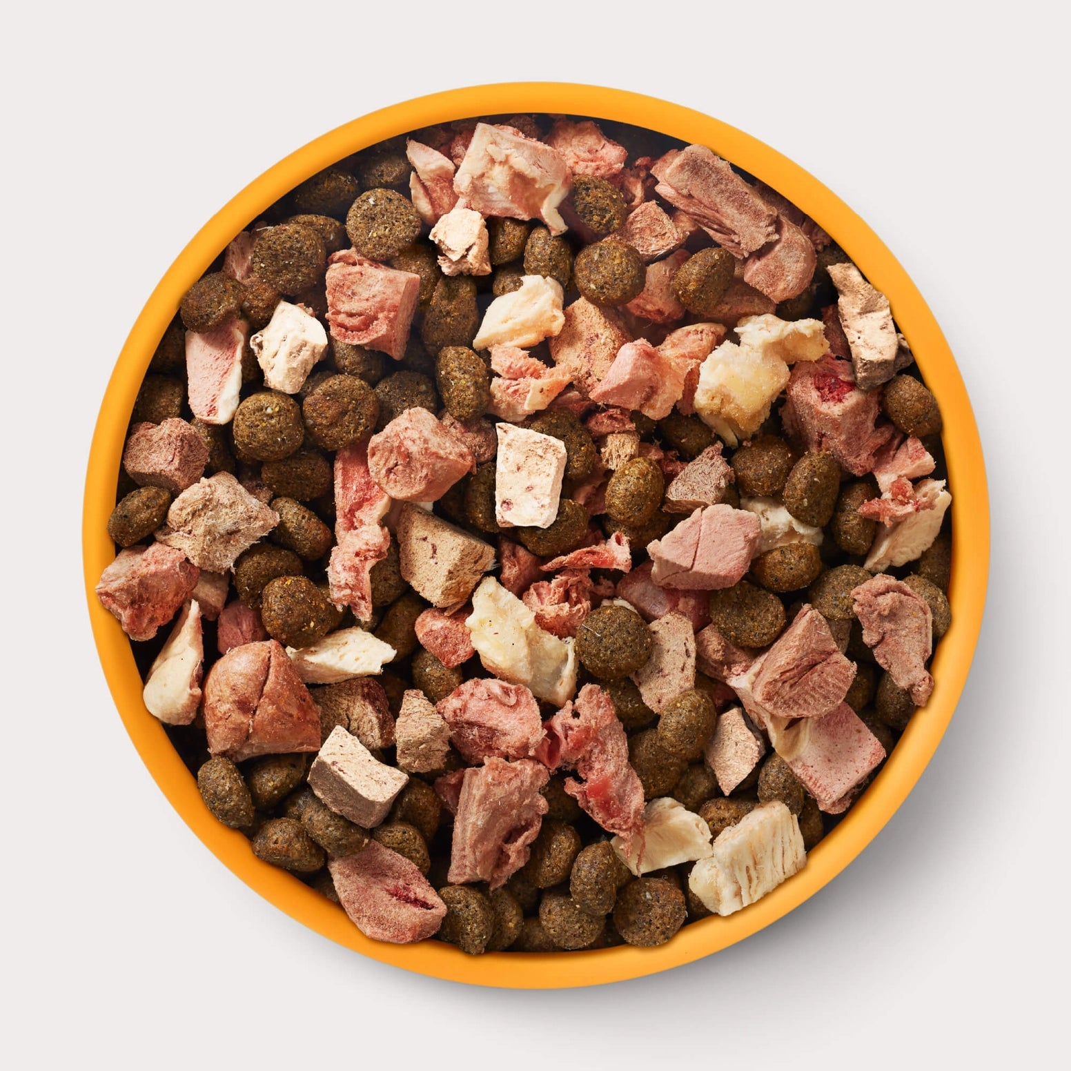 Bowl filled with freeze-dried cage-free chicken chunks mixed with protein-rich kibble for dog nutrition