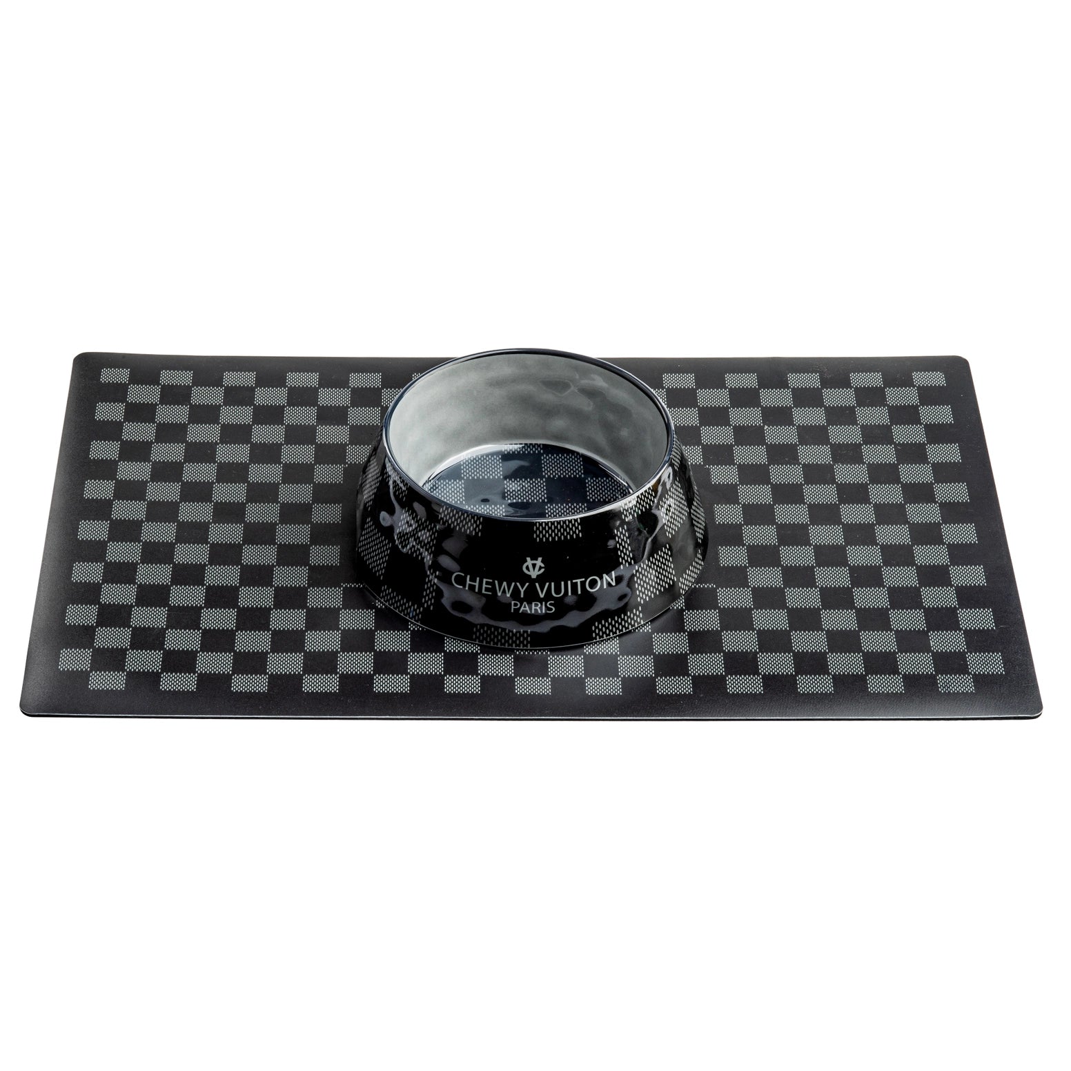 A black and white checkered pet bowl with a matching placemat featuring a designer-inspired logo.
