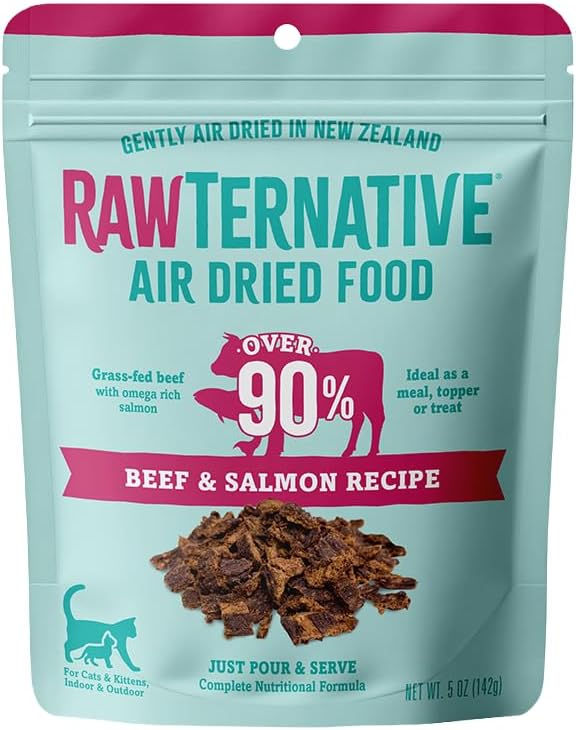 Air Dried Beef Salmon Cat Food in a teal 5-ounce pouch, featuring beef and salmon recipe details for cats and kittens.