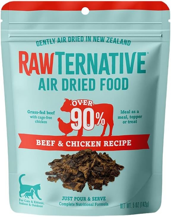 Air dried beef chicken cat food in a teal resealable pouch, with chunky pieces for cats and kittens.