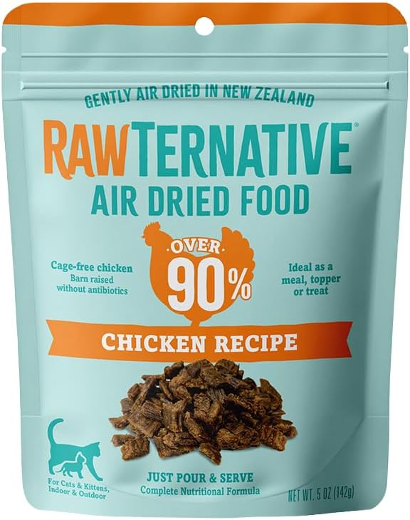 Air-dried chicken cat food in a teal 5-ounce pouch, featuring brown bite-size pieces and 90% cage-free chicken.