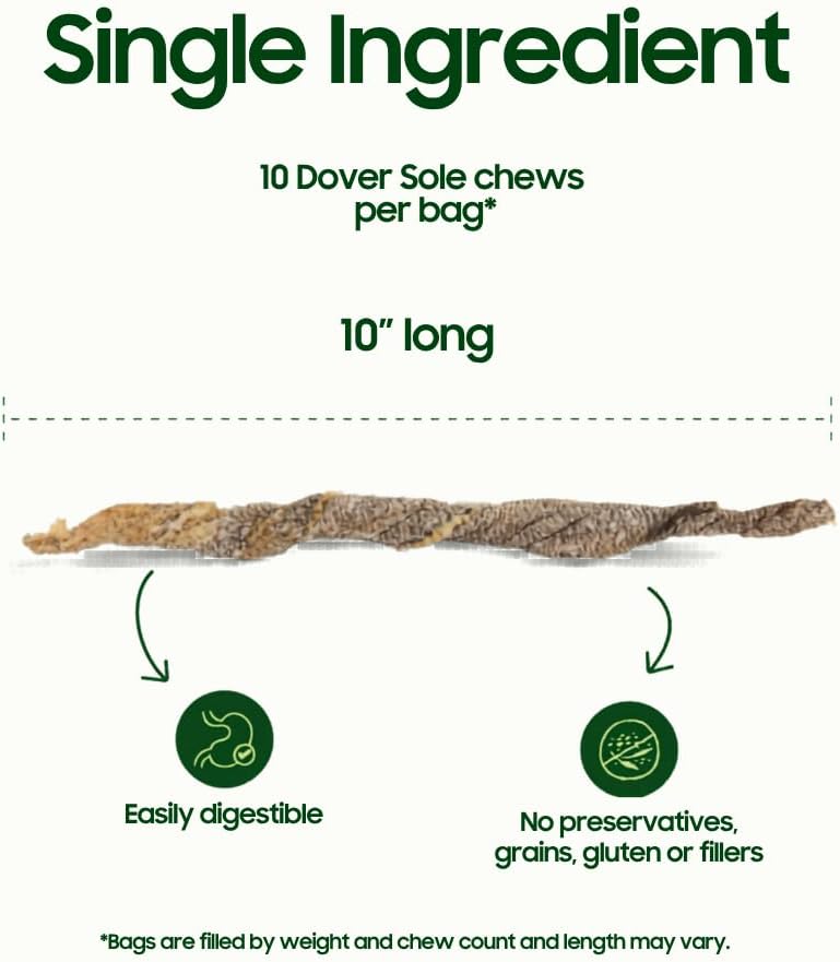 Single ingredient 10-inch long Dover sole chew for dogs. Easily digestible with no preservatives.