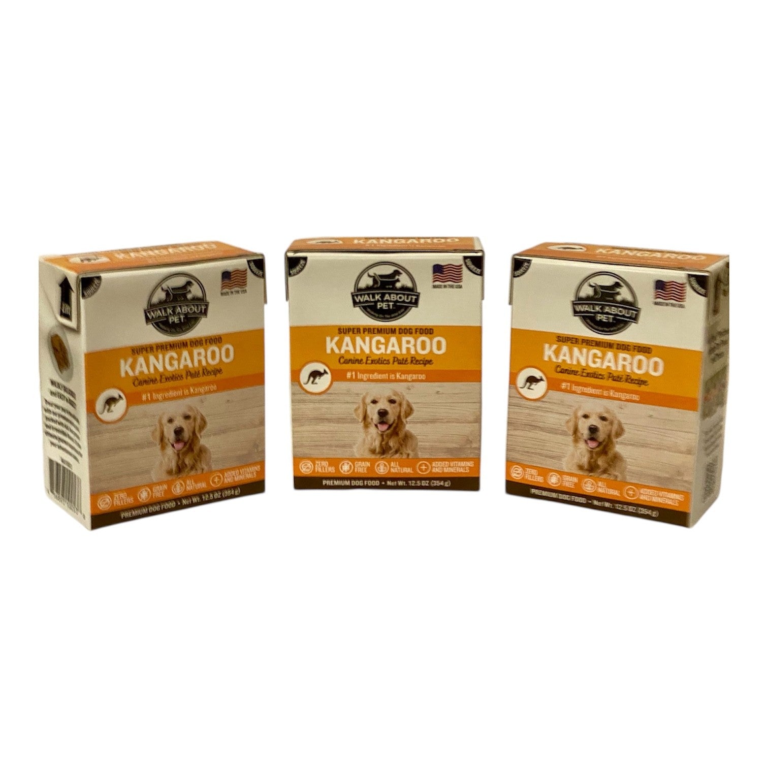 Three 12.5 oz cartons of Walk About Pet Canine Exotics Kangaroo Pate Wet Dog Food.