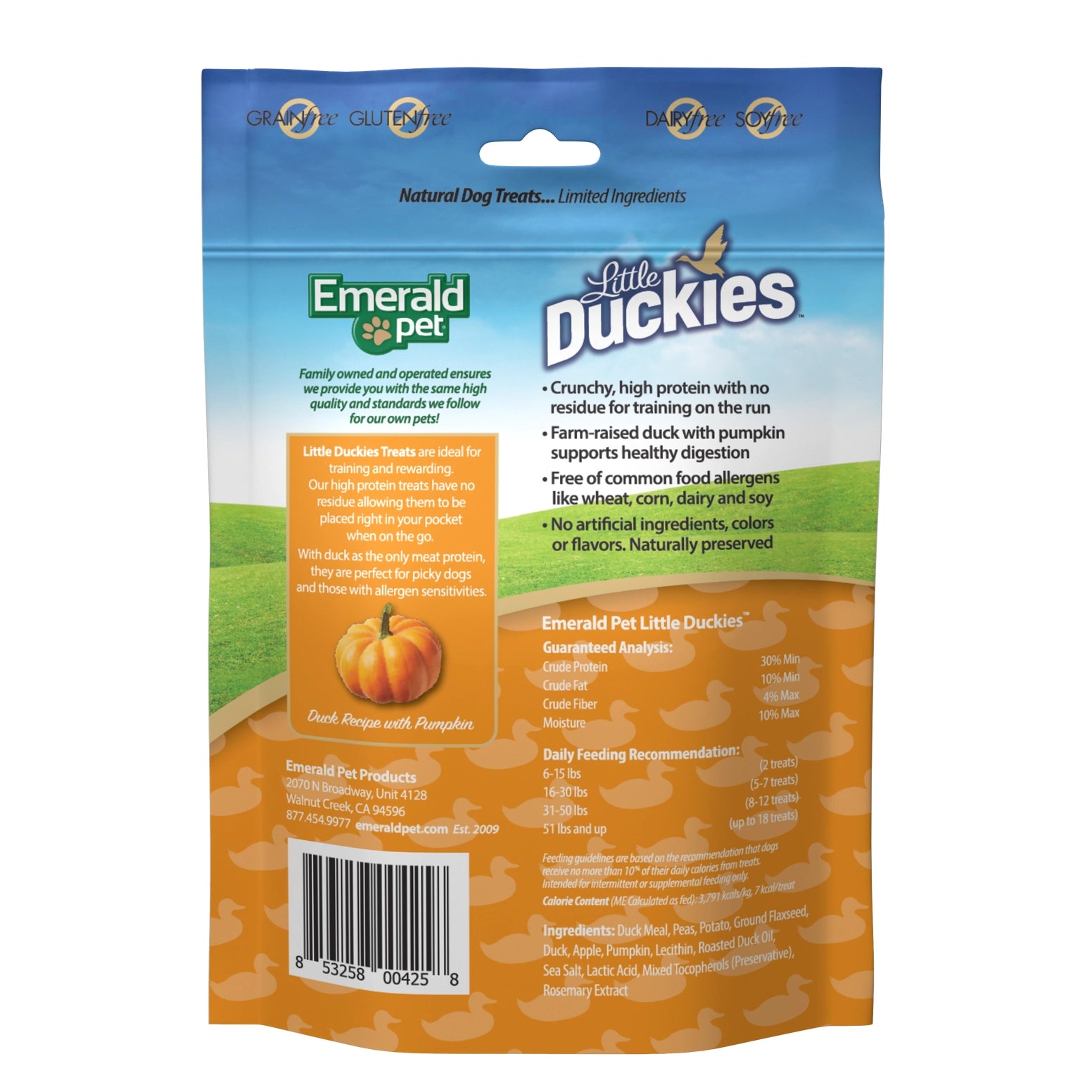Emerald Pet Grain-Free Little Duckies dog treats, 5 oz bag, featuring duck and pumpkin ingredients, with a colorful packaging