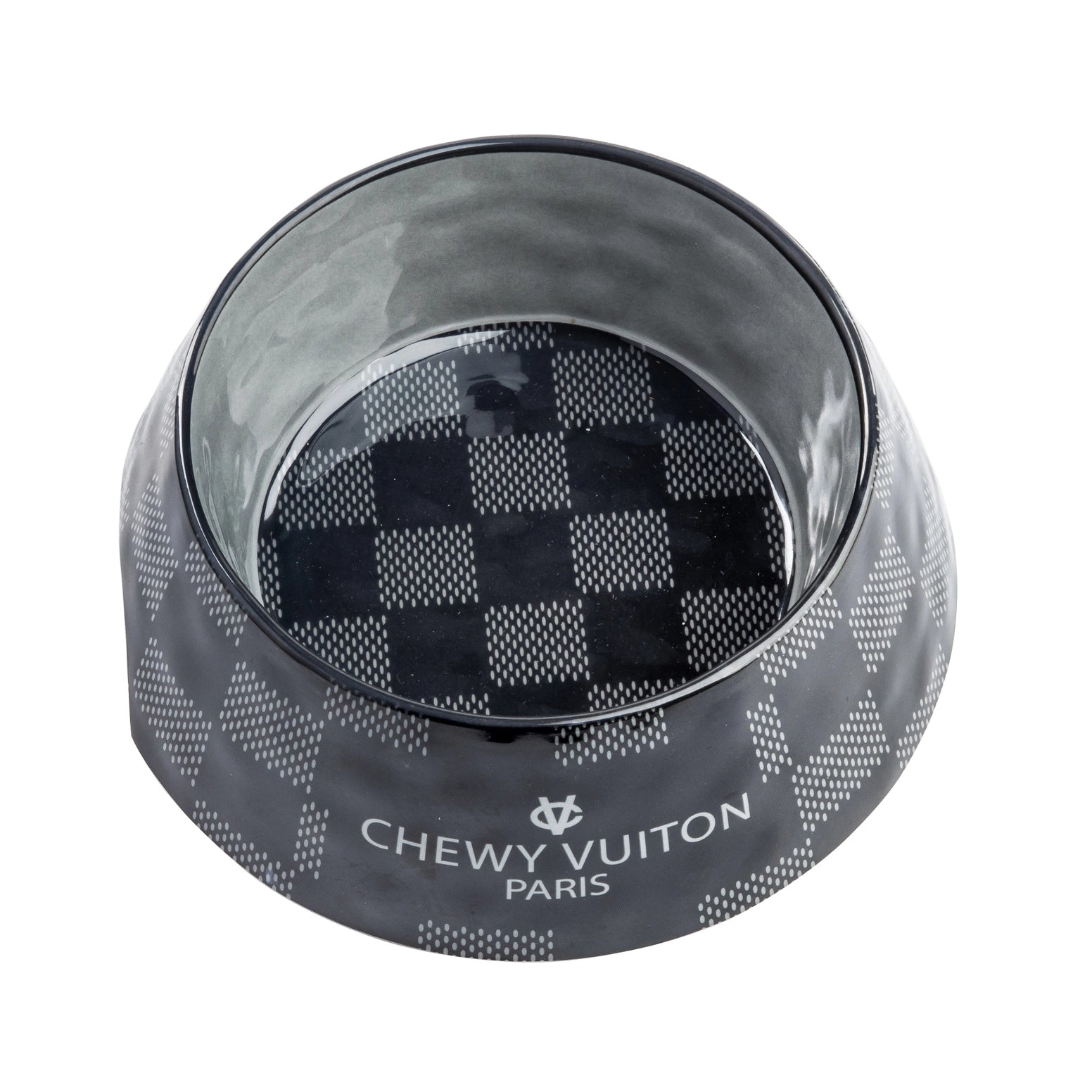 A black and white checkered melamine dog bowl with the words Chewy Vuiton Paris on the front.