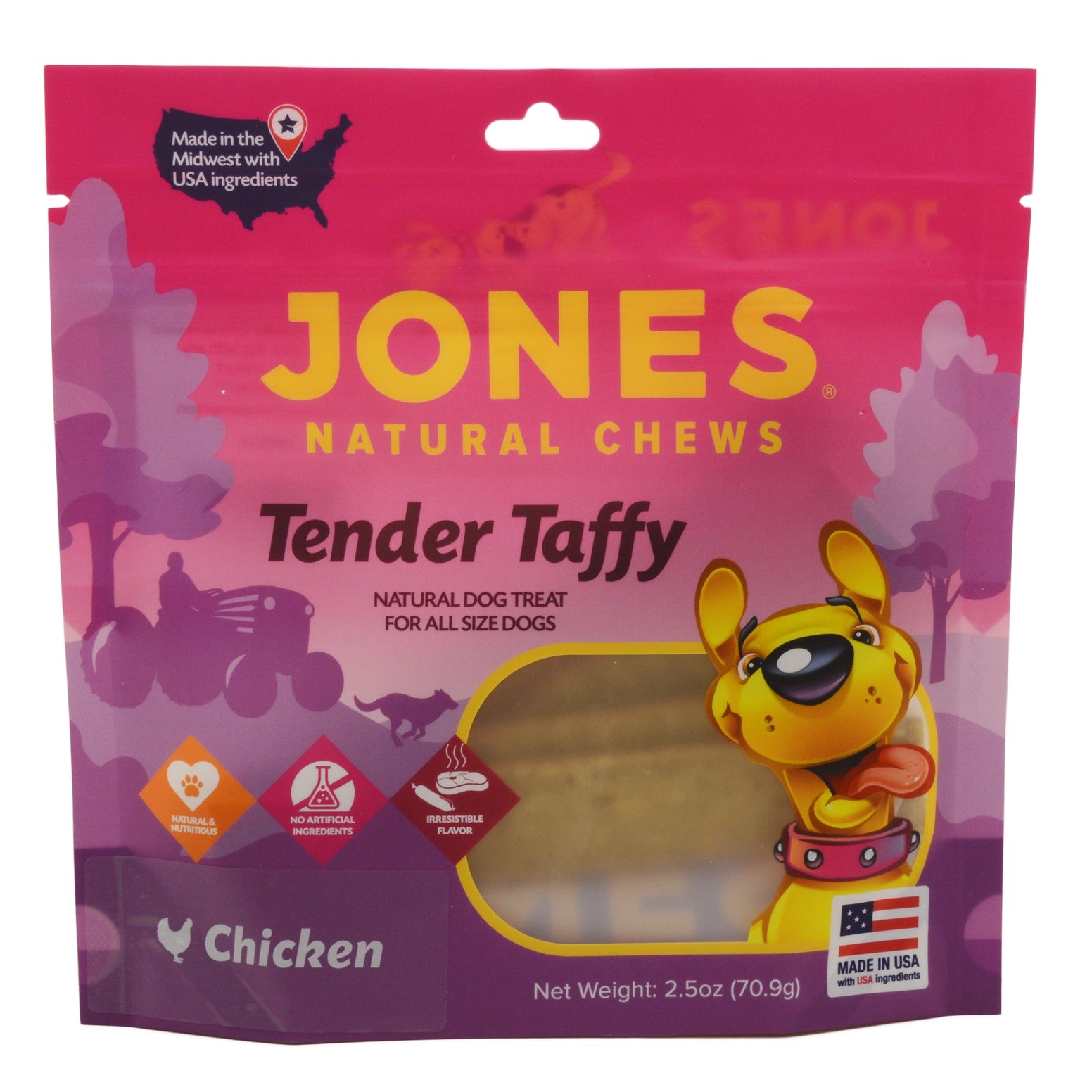 Jones Natural Chews Tender Taffy Soft Chicken Dog Treats, 2.5oz bag with a cartoon dog illustration.