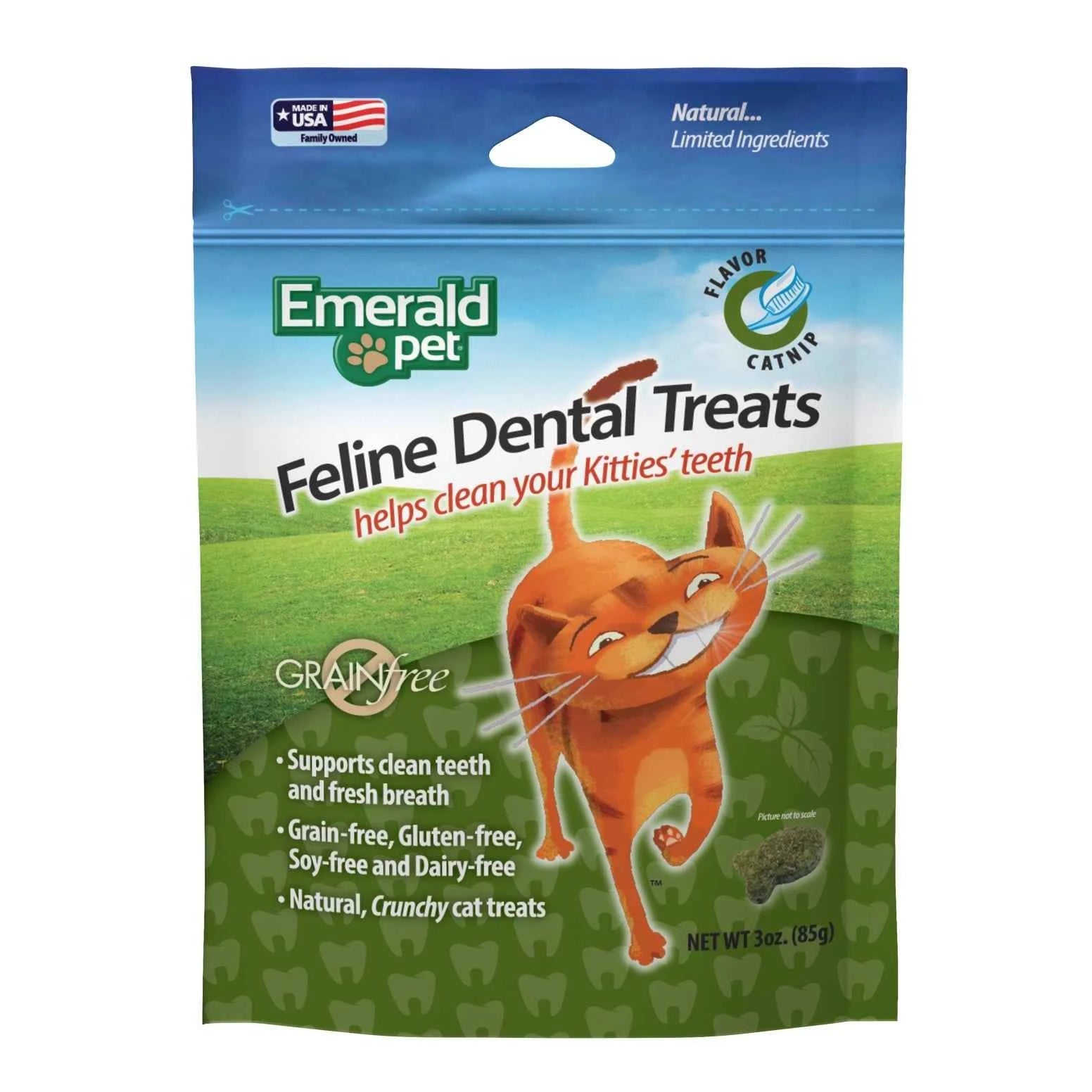 Emerald Pet Feline Dental Grain-Free Cat Treats in a 3 oz blue and green resealable bag.