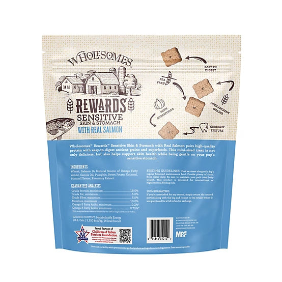 Talis Us Wholesomes Rewards Sensitive Skin Dog Biscuits with Real Salmon packaging featuring a blue background and biscuit im